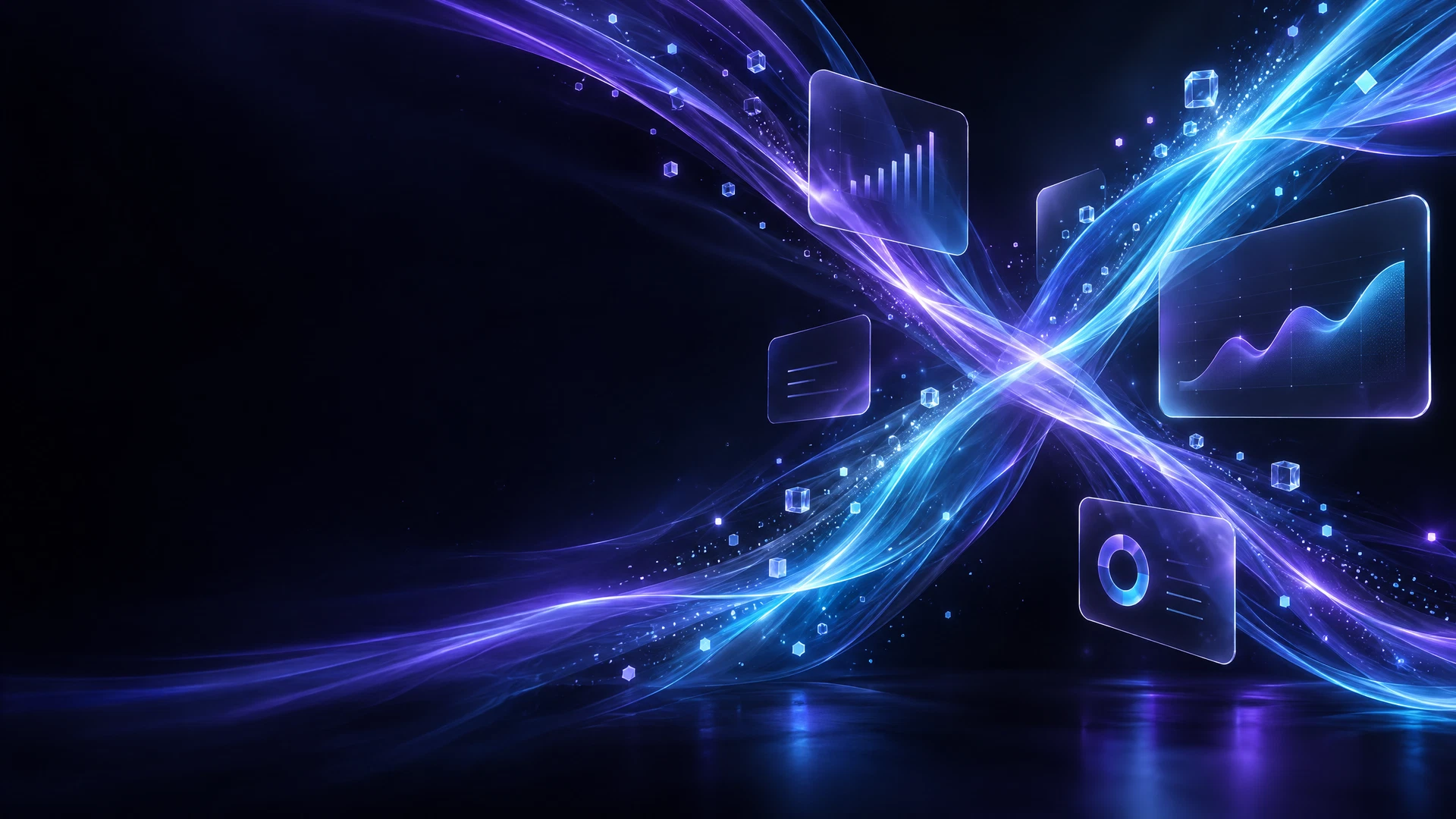 Fluxos luminosos em violeta e ciano representando a conexão entre negócios e tecnologia